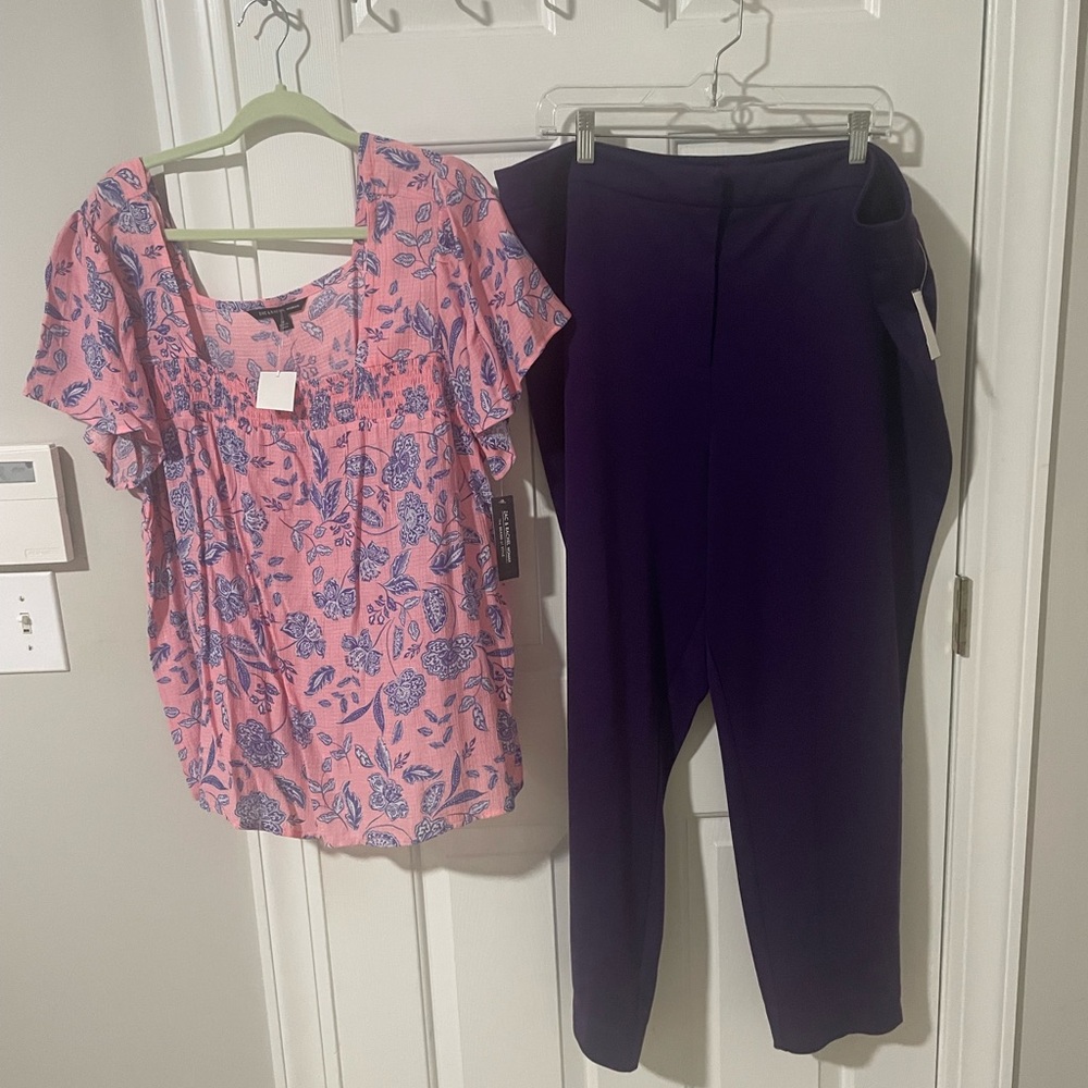 Women's Pink Floral Blouse and Dark Purple Pants Set sz20 city chic nwt